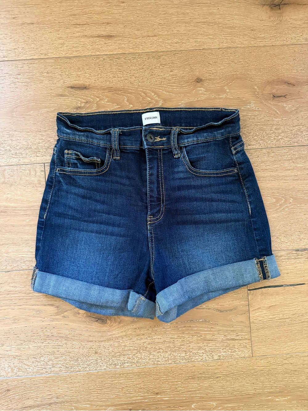 Sneak Peek Dark Blue High-Waist Roll-Cuff Denim Shorts